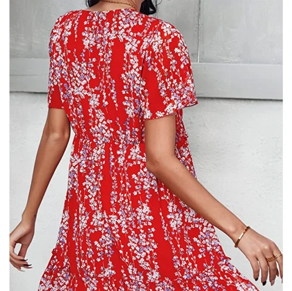 Women’s Summer Dress Ruffle V Neck Tunic Dress Floral Casual Loose flowy dress - Picture 6 of 11